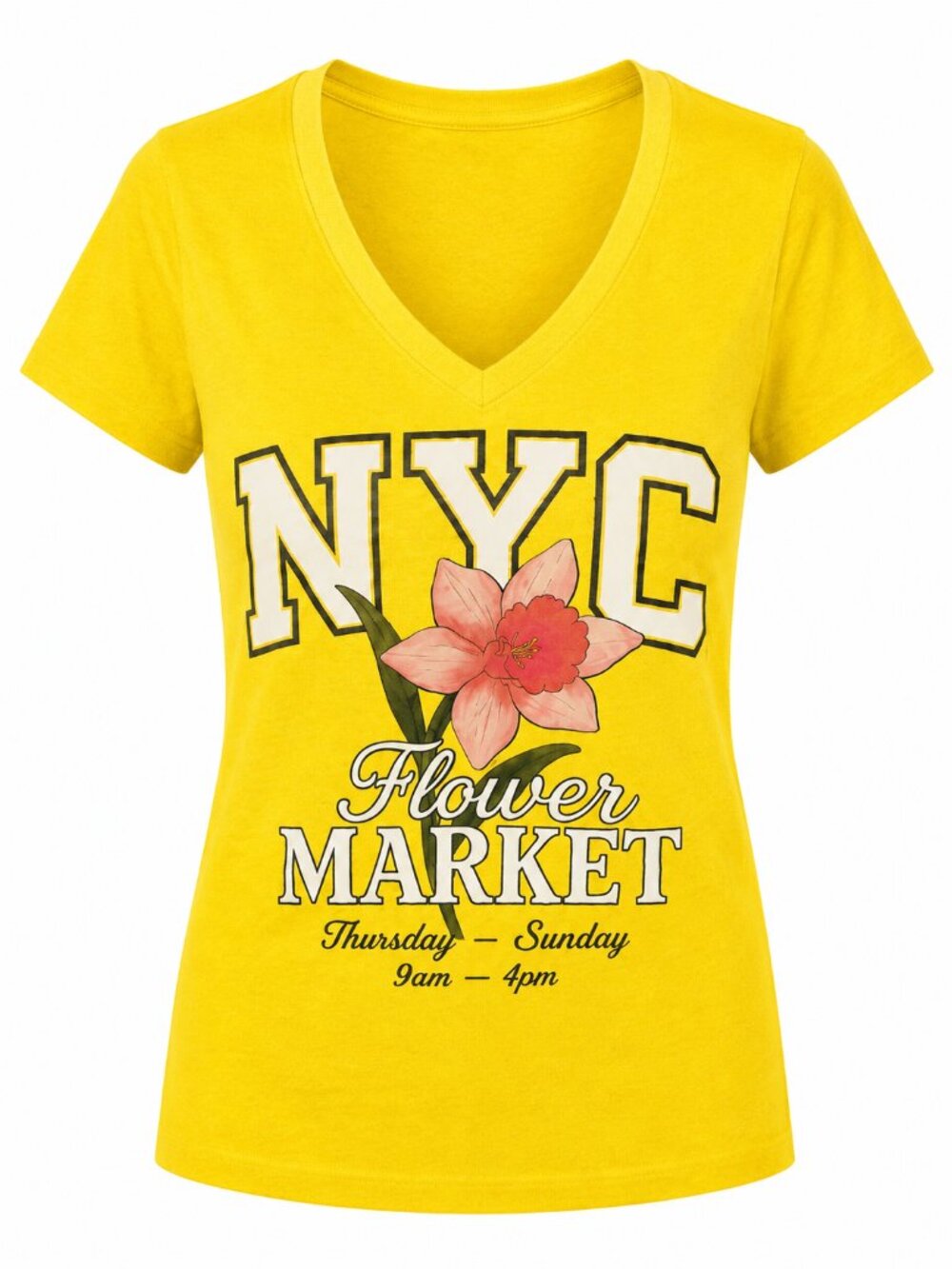 Women's NYC Flower Market Graphic V-Neck T-Shirt Floral Graphic Yellow Tee  S-XL